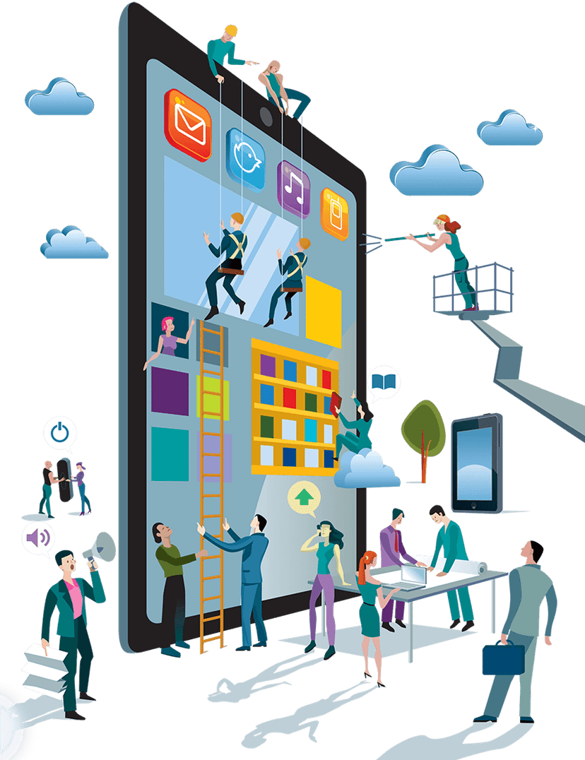 Digital transformation illustration showing business people using cloud technology and data charts in 3D style.