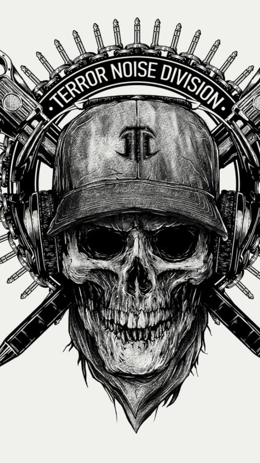 Skull with fangs wearing a baseball cap and headphones among audio jacks with Terror Noise Division lettering.