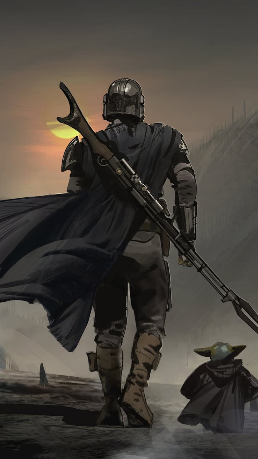 The Mandalorian with a rifle on his back stands next to Grogu on a hazy, desolate plain under a dim sunrise.