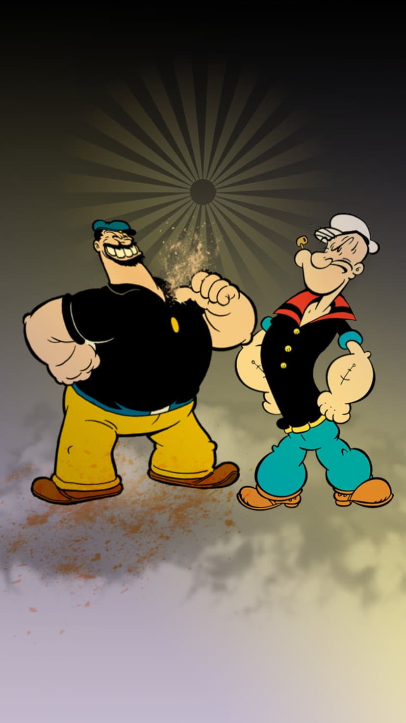Popeye the Sailor and Bluto stare each other down in a classic boxing stance against a yellow sunburst background.