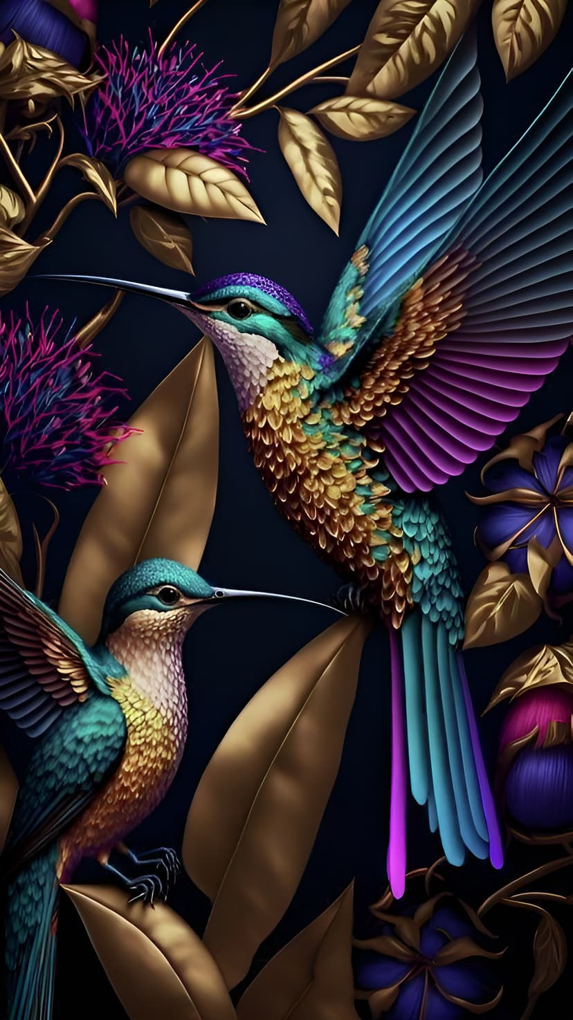 Two iridescent hummingbirds hover near golden Monstera leaves and pink flowers on a dark navy blue background.