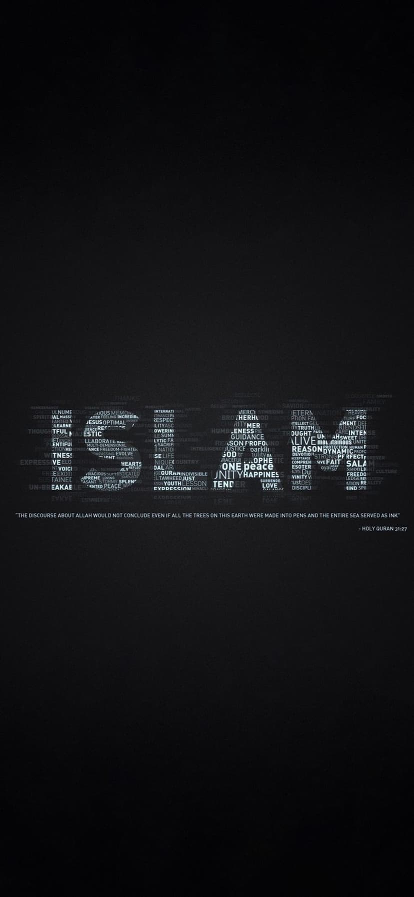 ISLAM typographic word art appears above a legible Quranic verse on a clean, high-resolution portrait background.
