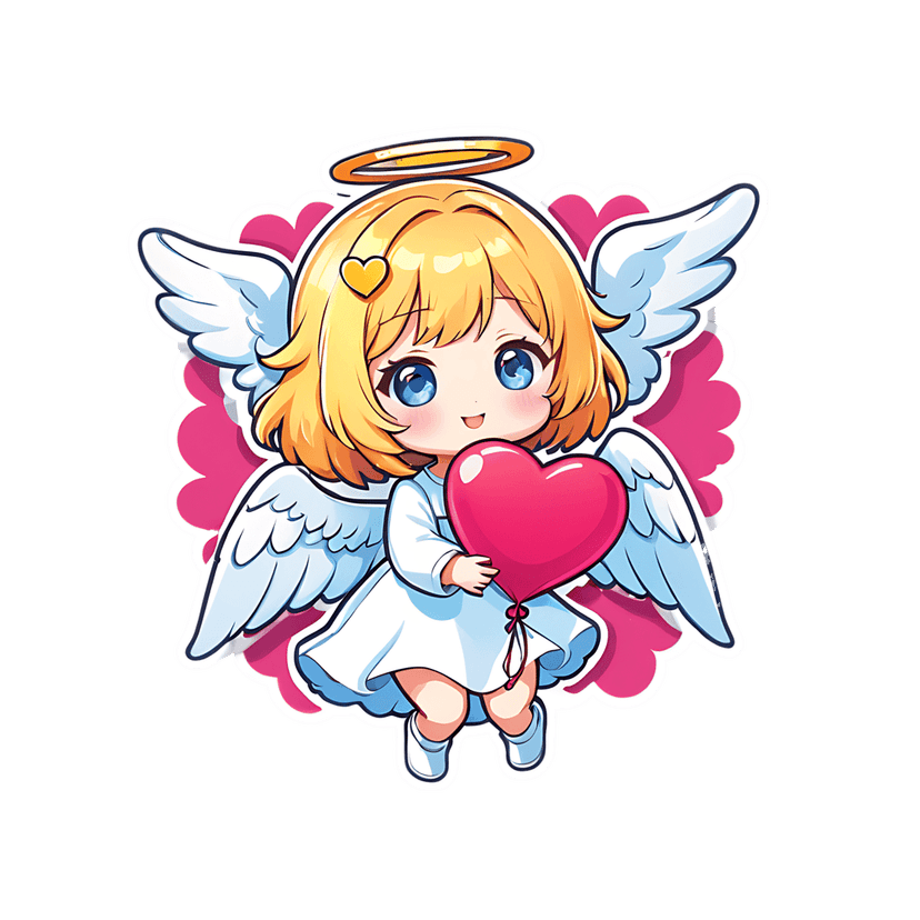 Blonde angel character holds a red heart balloon while wearing white wings and a golden halo in a sticker format.