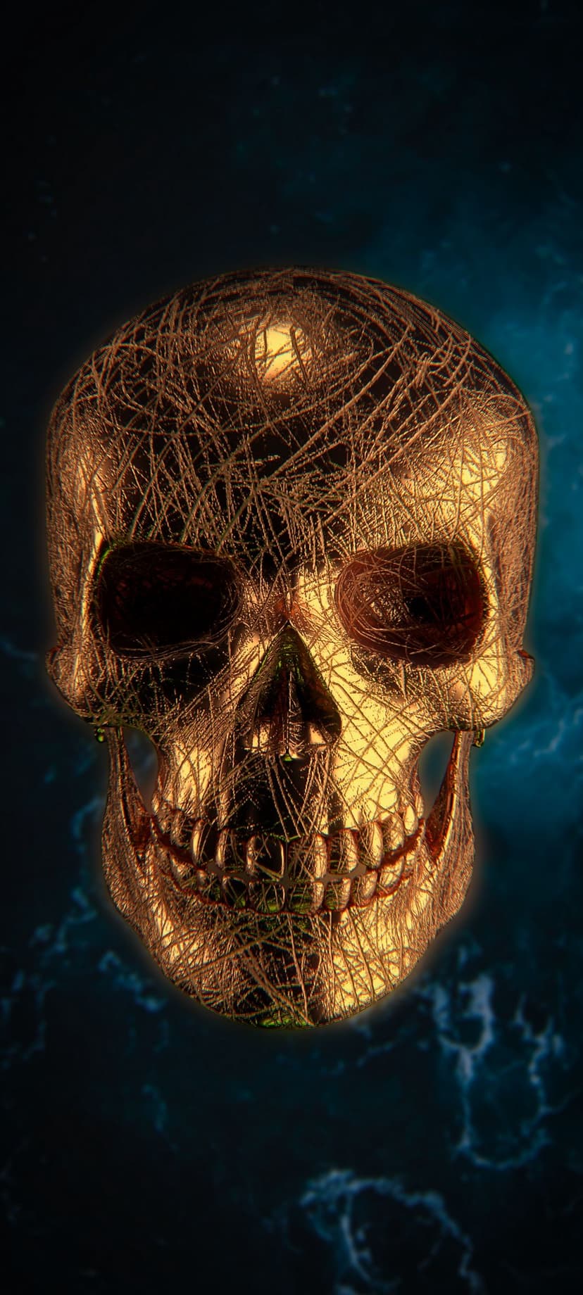 Golden wireframe skull with a warm inner glow suspended in a dark blue cosmic nebula with swirling star clouds.