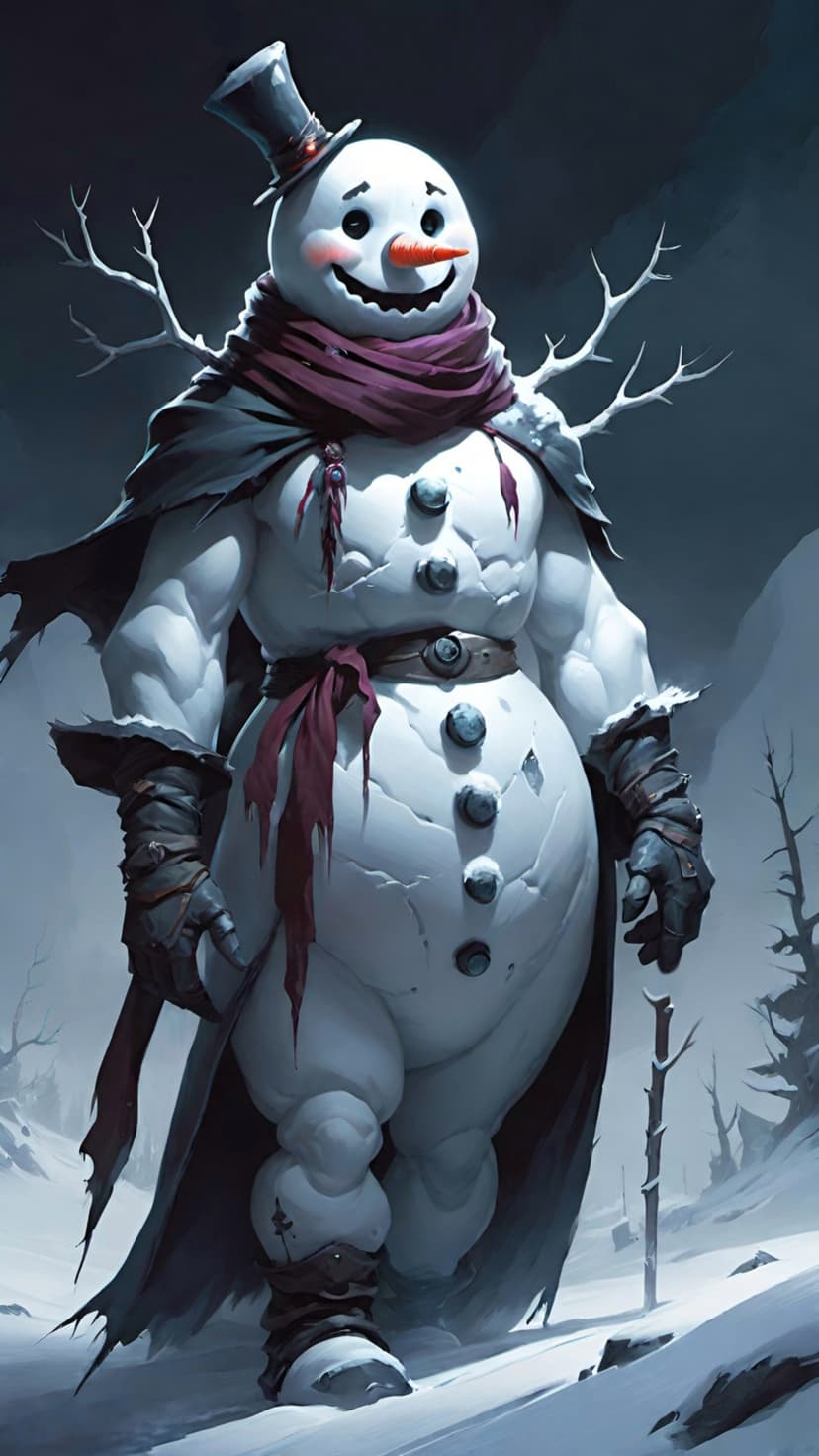 Muscular snowman with a top hat and tattered cape stands in a snowy forest under a dark overcast sky.