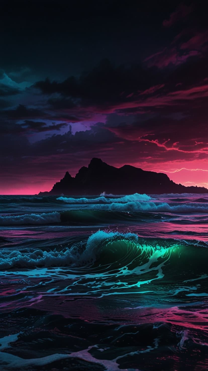 Bioluminescent turquoise waves crash against a dark island silhouette under a vibrant pink and purple sunset sky.