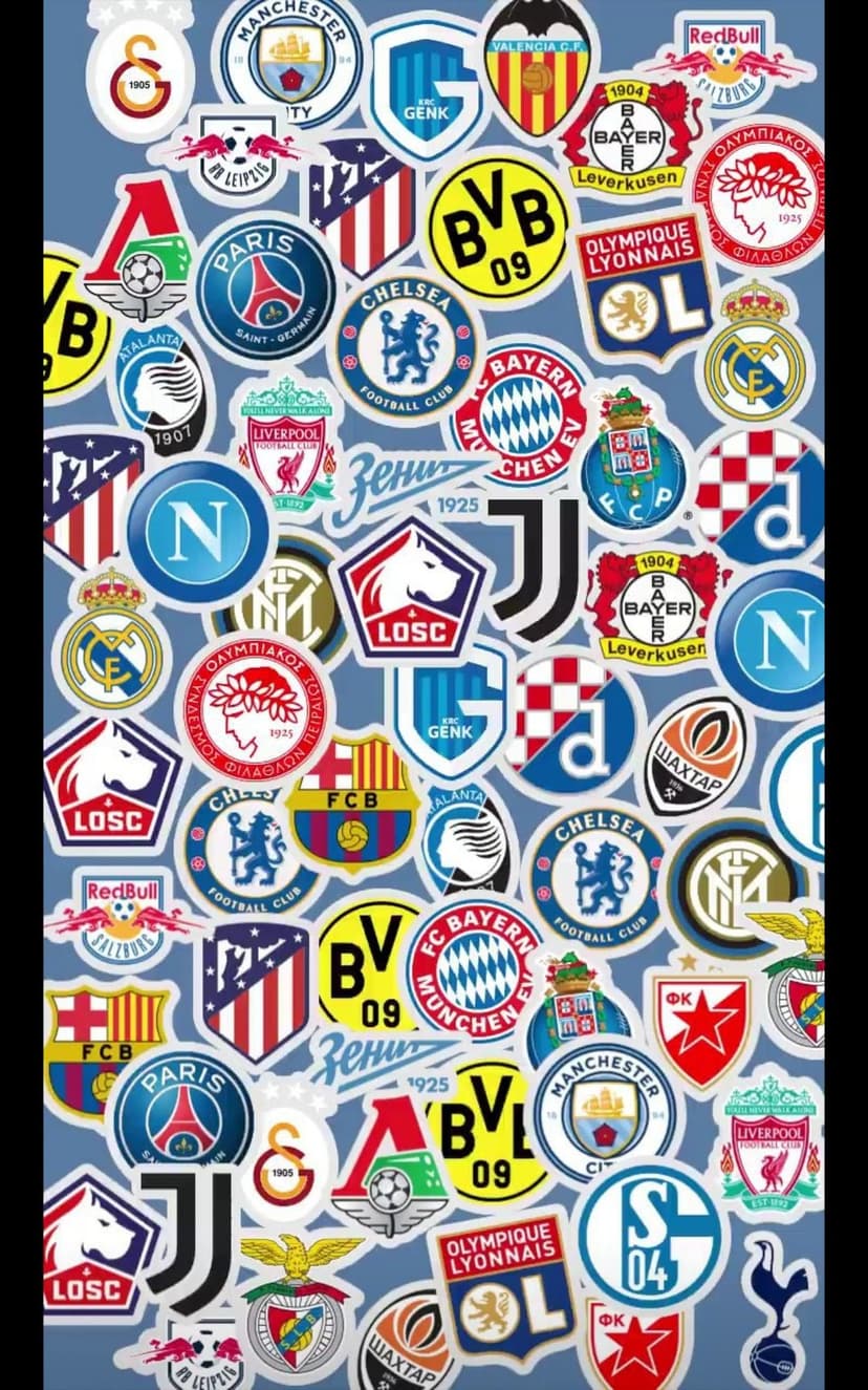 Soccer club crests and stickers in a dense, overlapping collage featuring vibrant team colors and logos.
