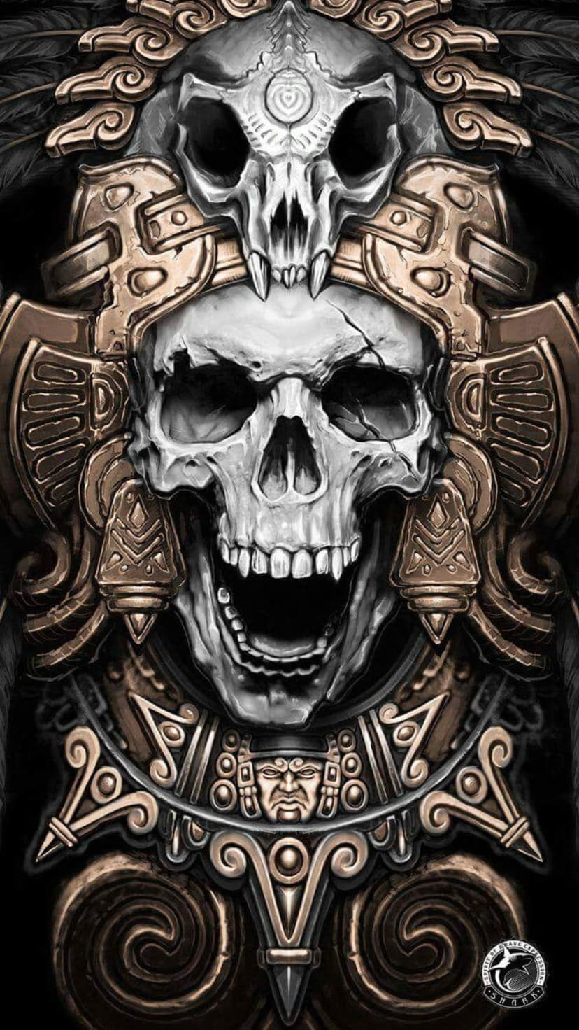 Skeletal Aztec headdress featuring a central screaming skull and golden metallic ornaments on a black backdrop.