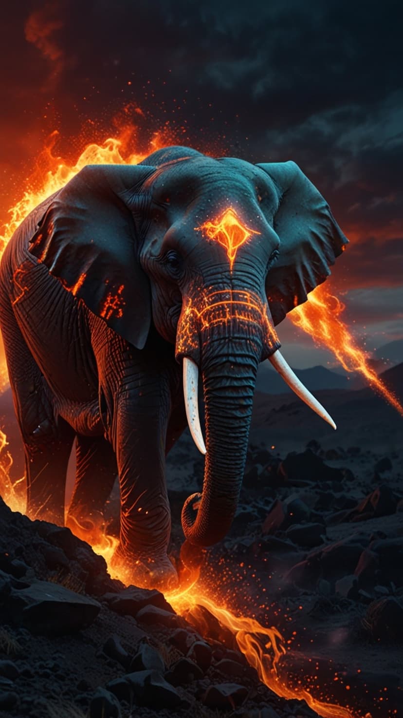 Flaming elephant with glowing runic markings and a bright diamond on its forehead in a dark volcanic landscape.