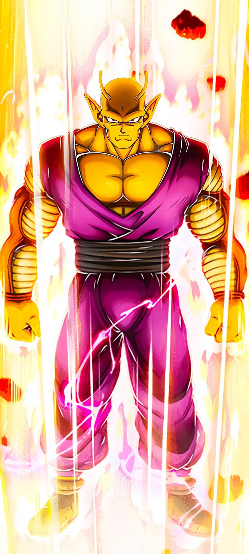 Piccolo radiating a golden energy aura while wearing his signature purple and black weighted martial arts uniform.