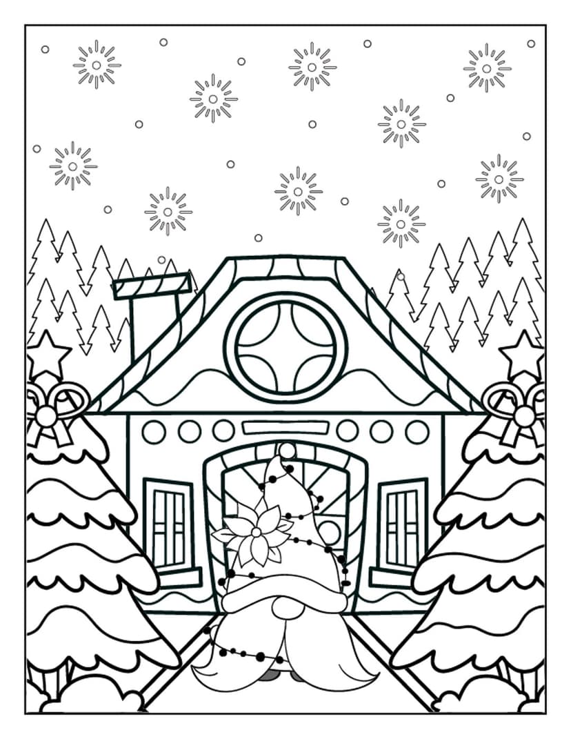 Christmas gnome coloring page featuring a holiday gnome standing before a snowy house and pine tree forest.