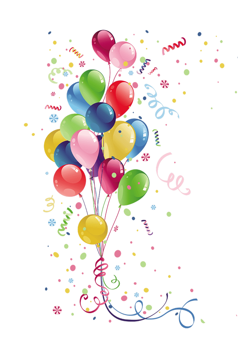 Colorful party balloons featuring a red heart and shiny curled ribbons against a transparent backdrop.