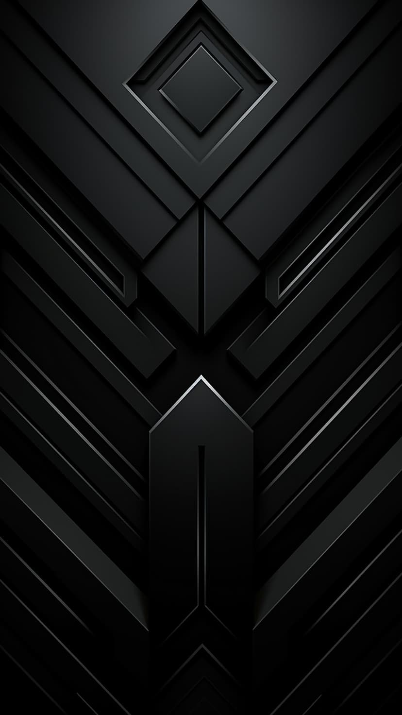 Sharp obsidian geometric shapes with polished metallic edges create deep shadows and a layered 3D effect.