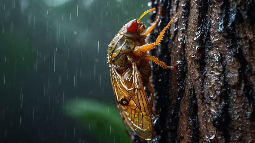 Cicada with red eyes and translucent wings clings to wet, dark tree bark amidst streaks of falling raindrops.
