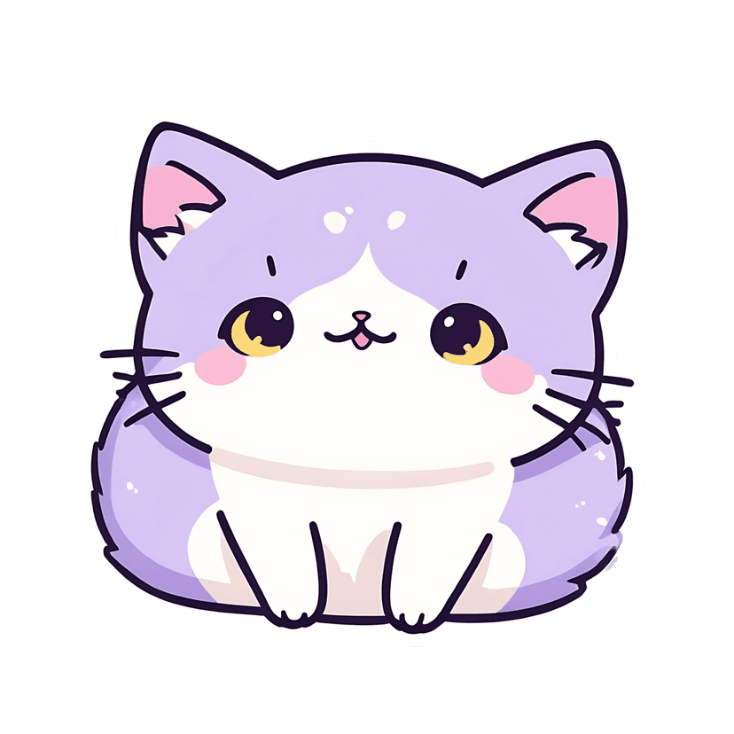 Lavender kitten sticker vector sits forward showing yellow eyes and a pink nose with a thick purple outline.