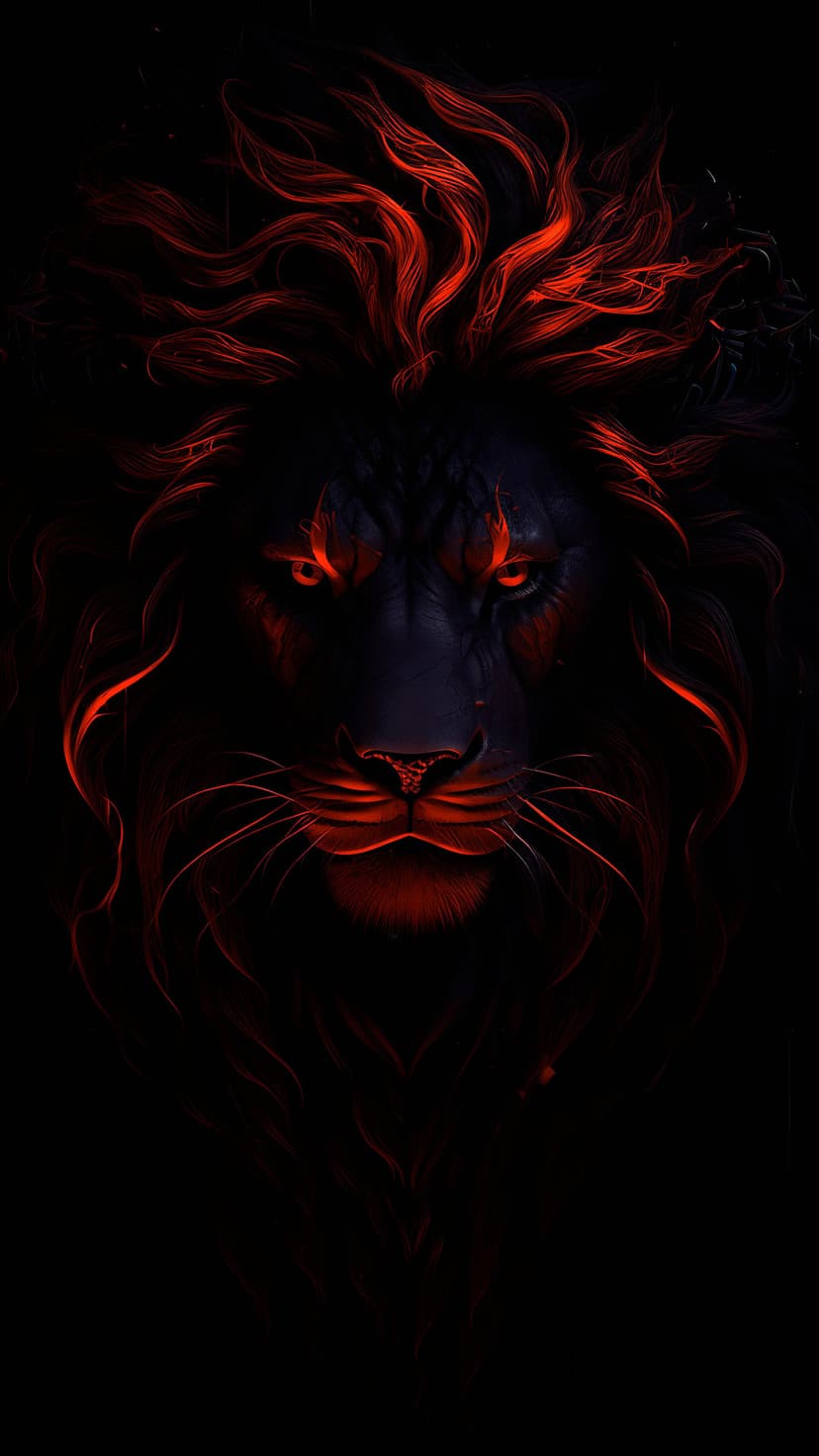 Lion head with a glowing red mane and luminous eyes snarling against a solid black background in high contrast.