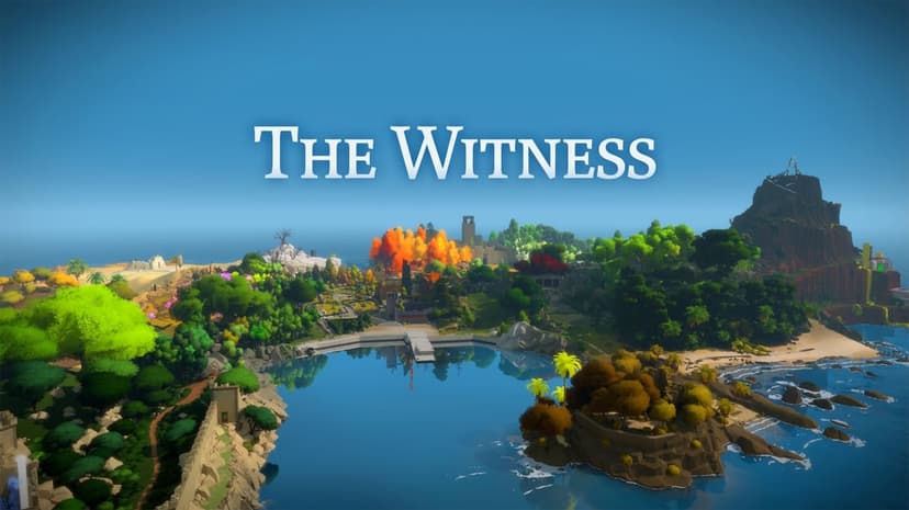 Aerial view of a vibrant island with varied biomes and reflective water under a clear blue sky with game title.