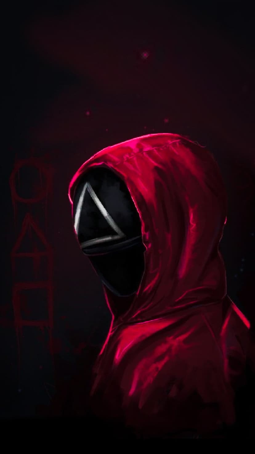 Masked guard in a red hooded jumpsuit with a white triangle symbol on a black face shield against dark shadows.