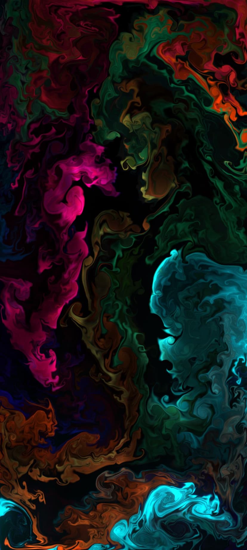 Swirling ribbons of magenta, cyan, and orange light flow vertically against a pitch black background.