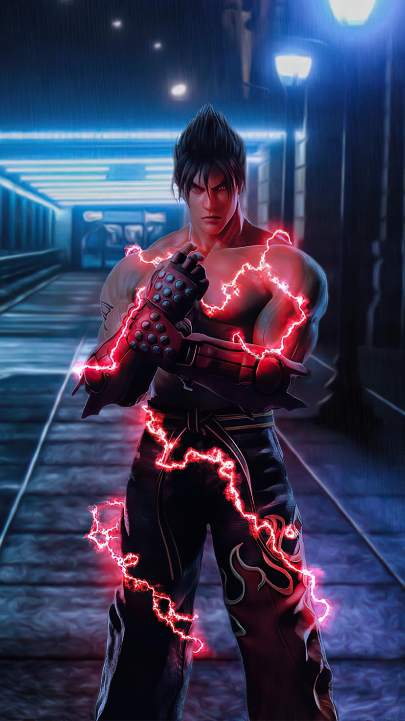 Jin Kazama stands shirtless in a rainy alleyway with red electricity crackling from his fists and gauntlets.