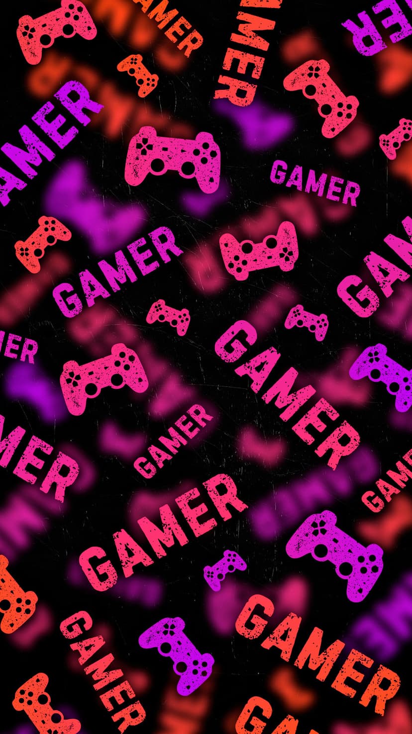 Stylized pink and orange game controllers layered over repeating gamer text on a dark textured background.