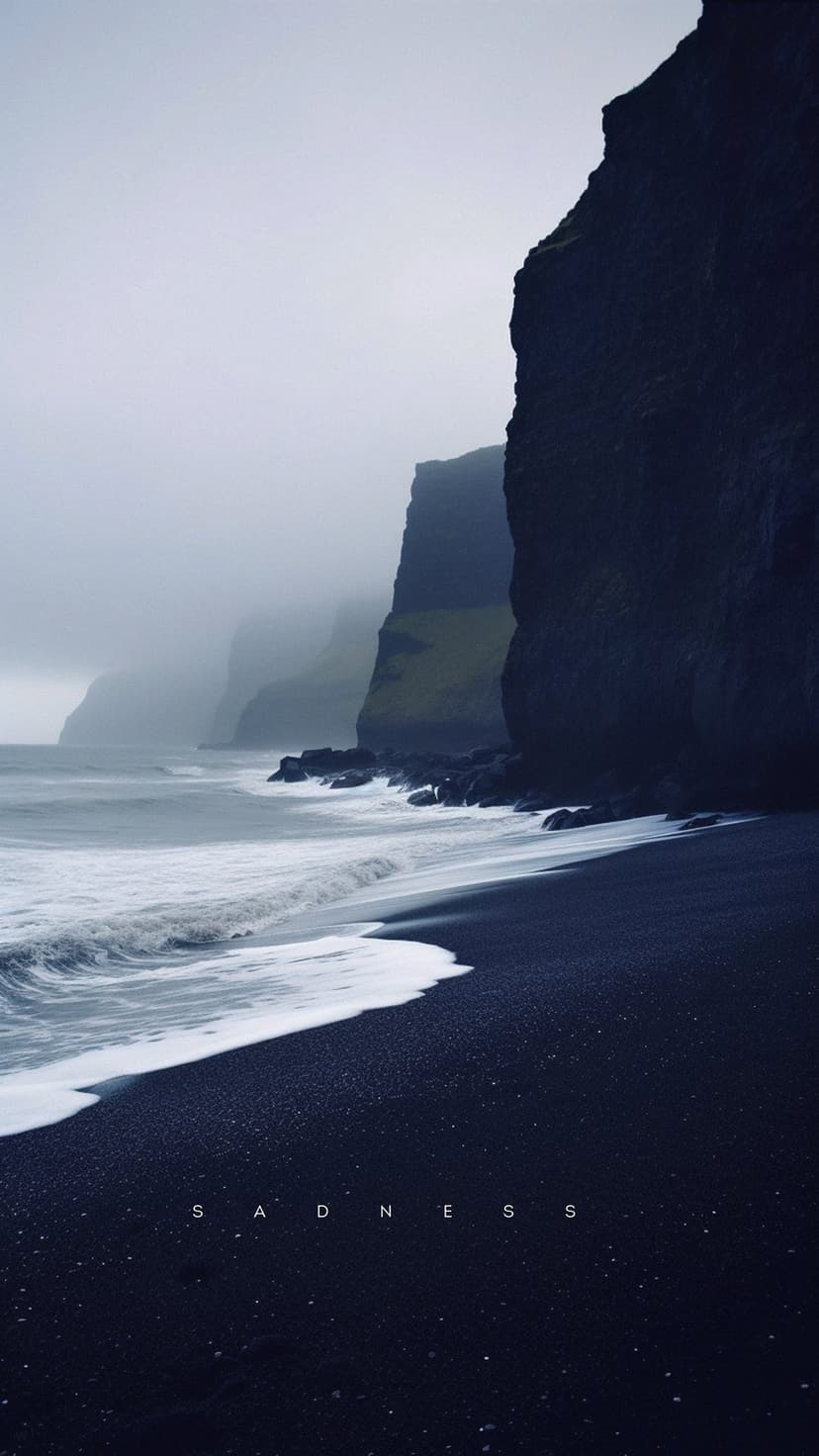 Towering misty cliffs overlooking a black sand beach with the word sadness written near rolling ocean waves.