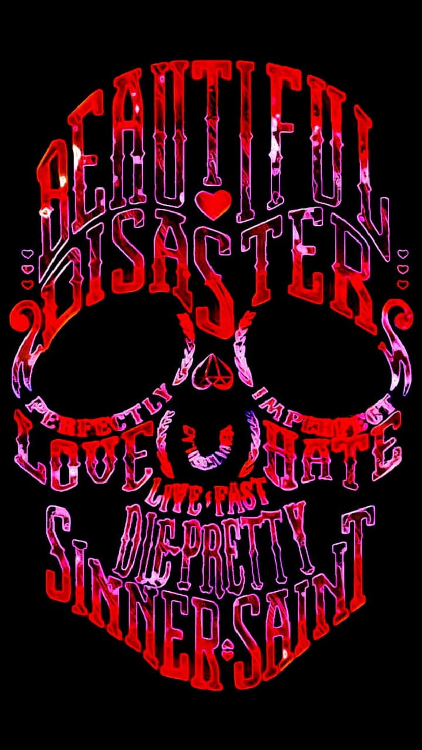 Human skull formed by red gothic lettering with phrases about love and hate set against a dark background.