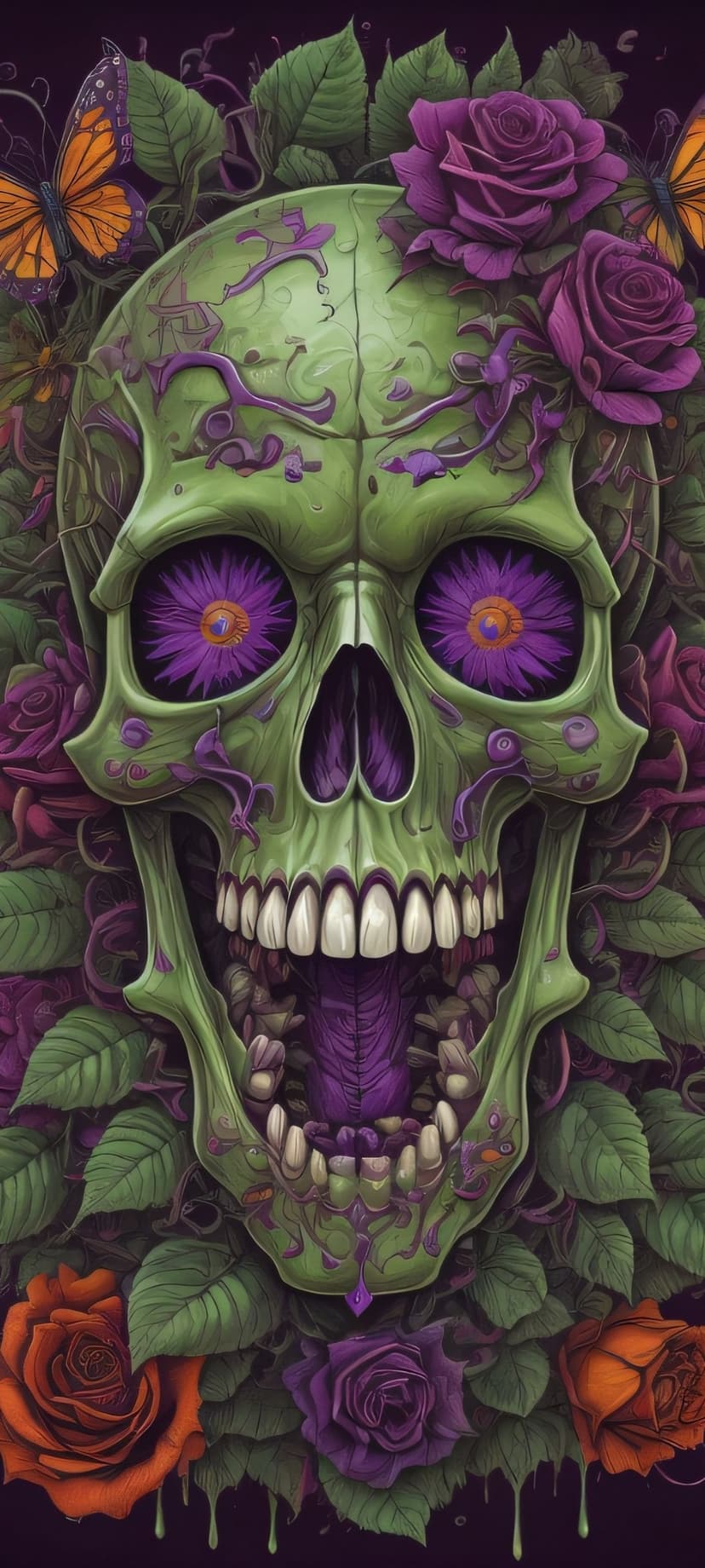 Green skull with purple flowers in its eyes and monarch butterflies fluttering among dark leaves and dripping liquid.