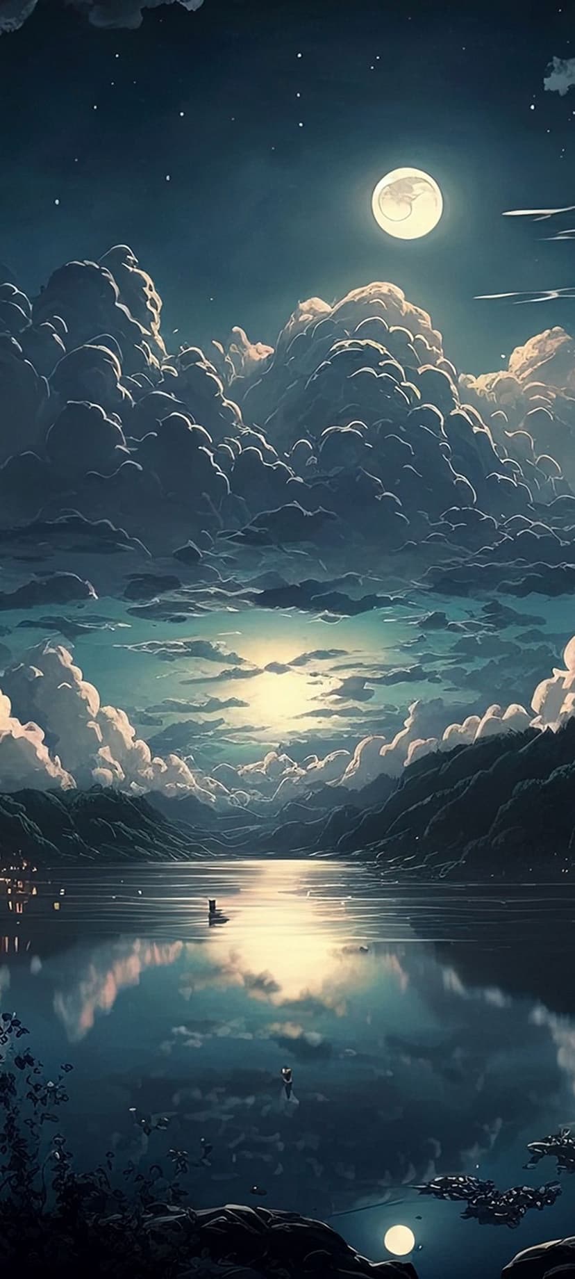 Full moon glowing behind dramatic clouds above a mountain lake with a small boat and perfect water reflections.