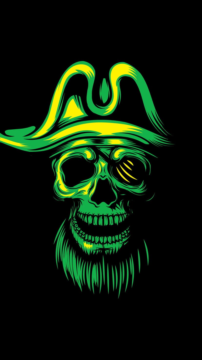 Green pirate skull wearing a yellow tricorn hat and striped eyepatch with a bushy green beard on black.