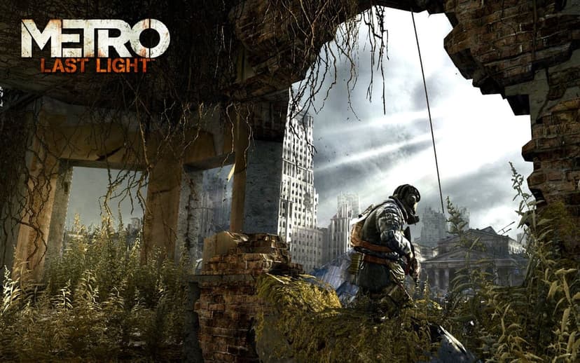 Soldier in a gas mask stands in overgrown ruins looking at a distant skyscraper under a cloudy sky.