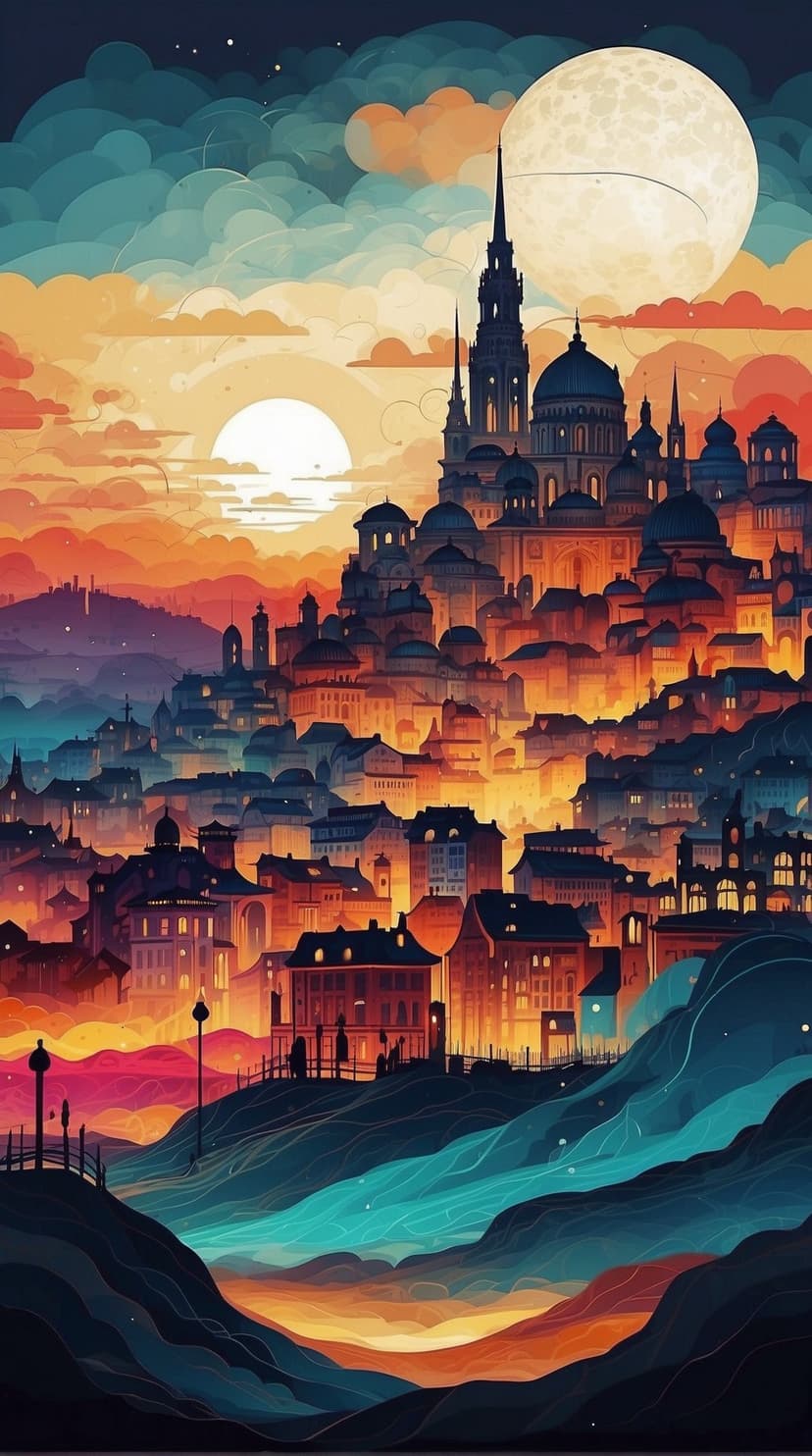Two celestial moons glow over a sprawling golden city with spires and domed roofs during a vivid orange sunset.