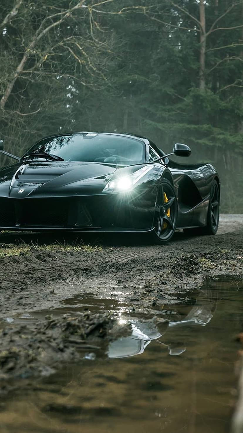 Black Ferrari LaFerrari with glowing headlights navigates a muddy forest trail surrounded by thick morning fog.