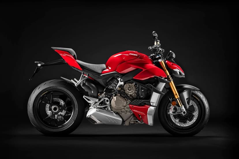 Red Ducati Streetfighter V4 motorcycle side profile on black background with gold forks and bronze engine.
