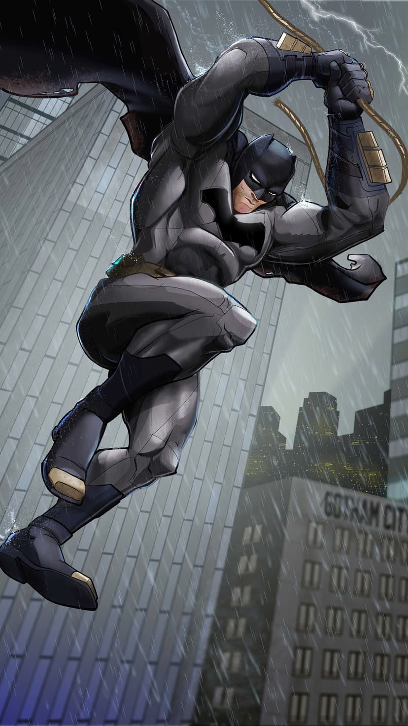 Batman swings on a grappling hook past tall Gotham City buildings during a thunderstorm with visible lightning.