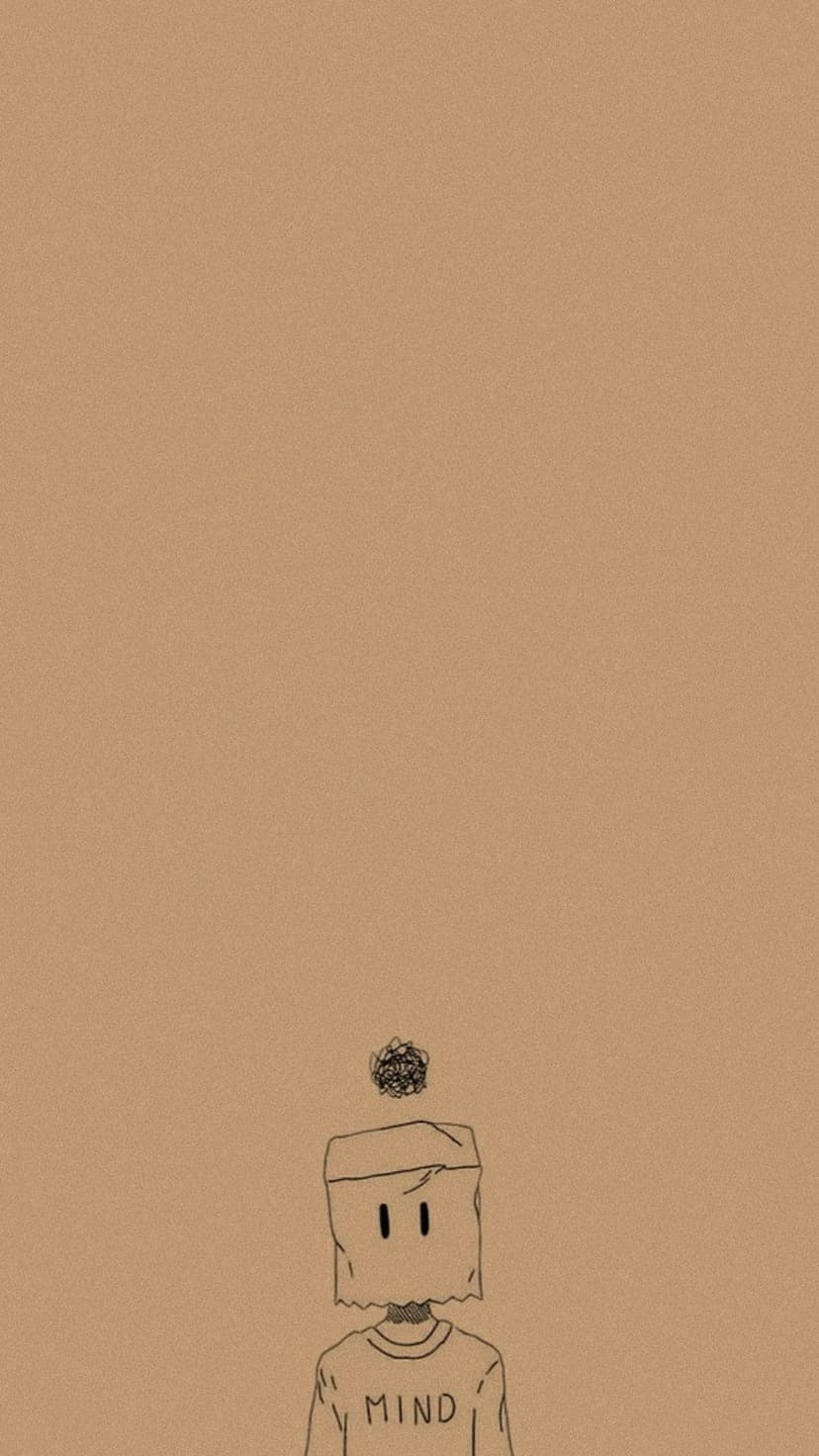 Person with a paper bag over their head and tangled lines above their crown against a textured brown background.