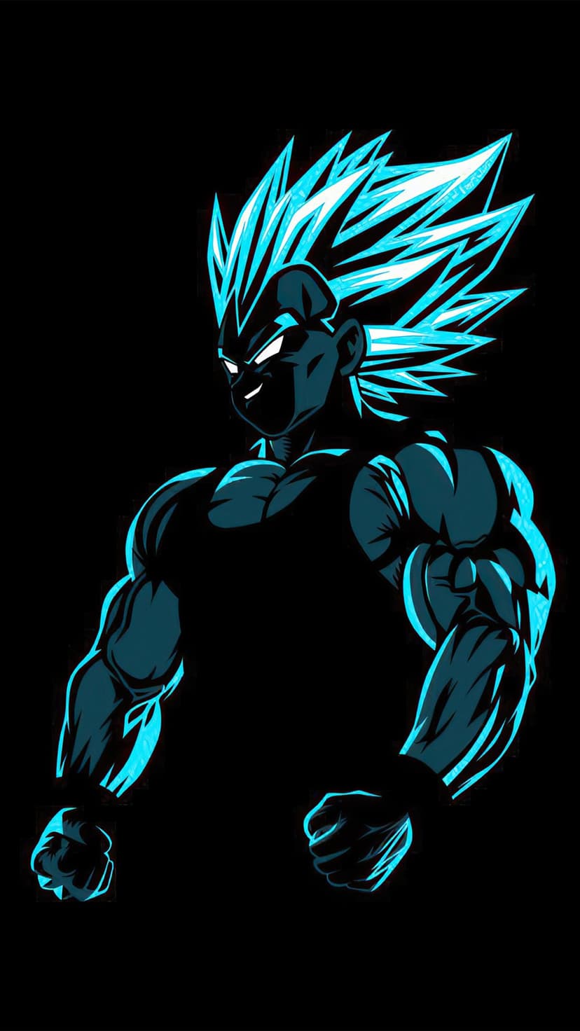 Vegeta stands in a dark silhouette with glowing blue eyes and a radiant sapphire aura against a black background.