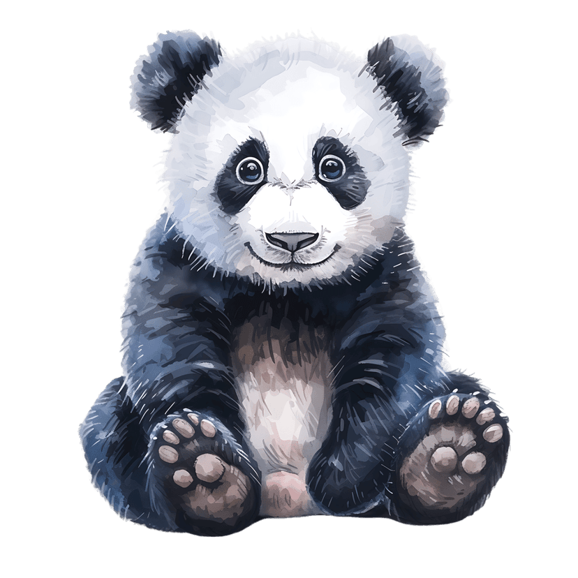 Panda cub watercolor painting features a fluffy black and white bear sitting forward with expressive dark eyes.