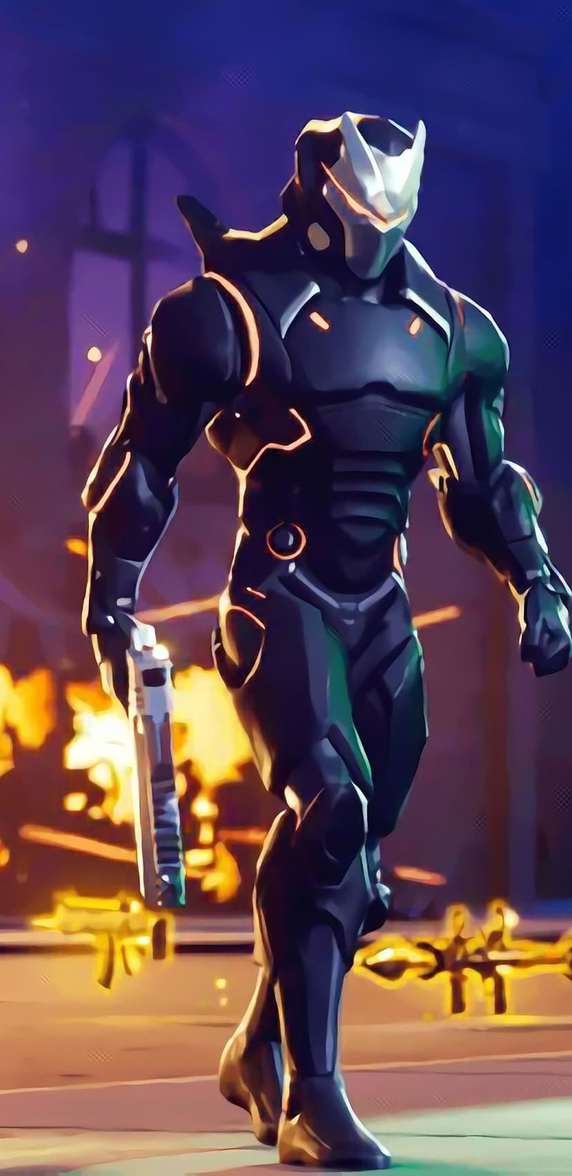 Futuristic armored character in black and orange walking forward with a handgun amidst fire and smoke.