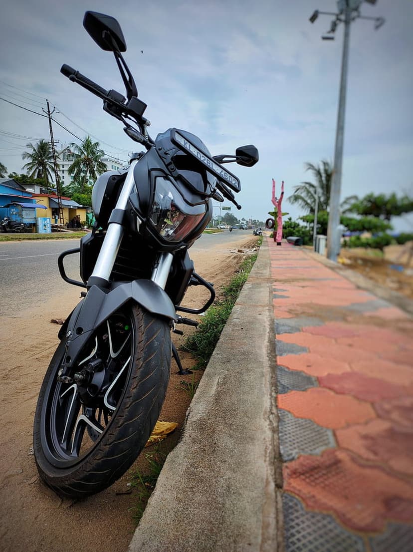 Black motorcycle parked on a tiled sidewalk next to coastal palm trees under a gray overcast sky in daylight.