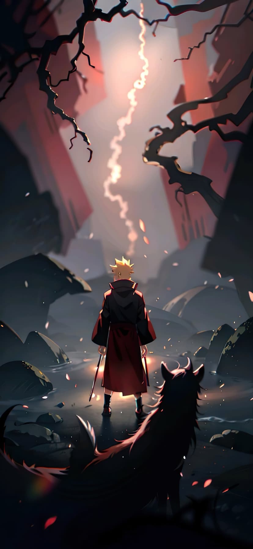 Naruto Uzumaki in a dark cloak stands with a gray wolf on a rocky cliff under a violet lightning storm.