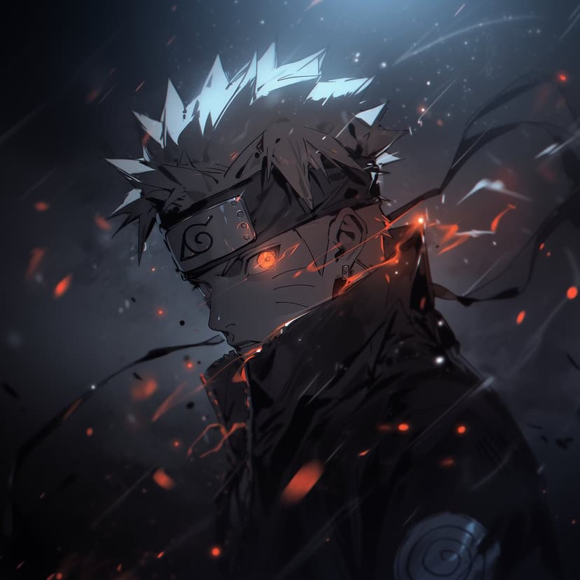 Naruto Uzumaki with glowing orange eyes and spiky blonde hair surrounded by flying sparks in a dark setting.