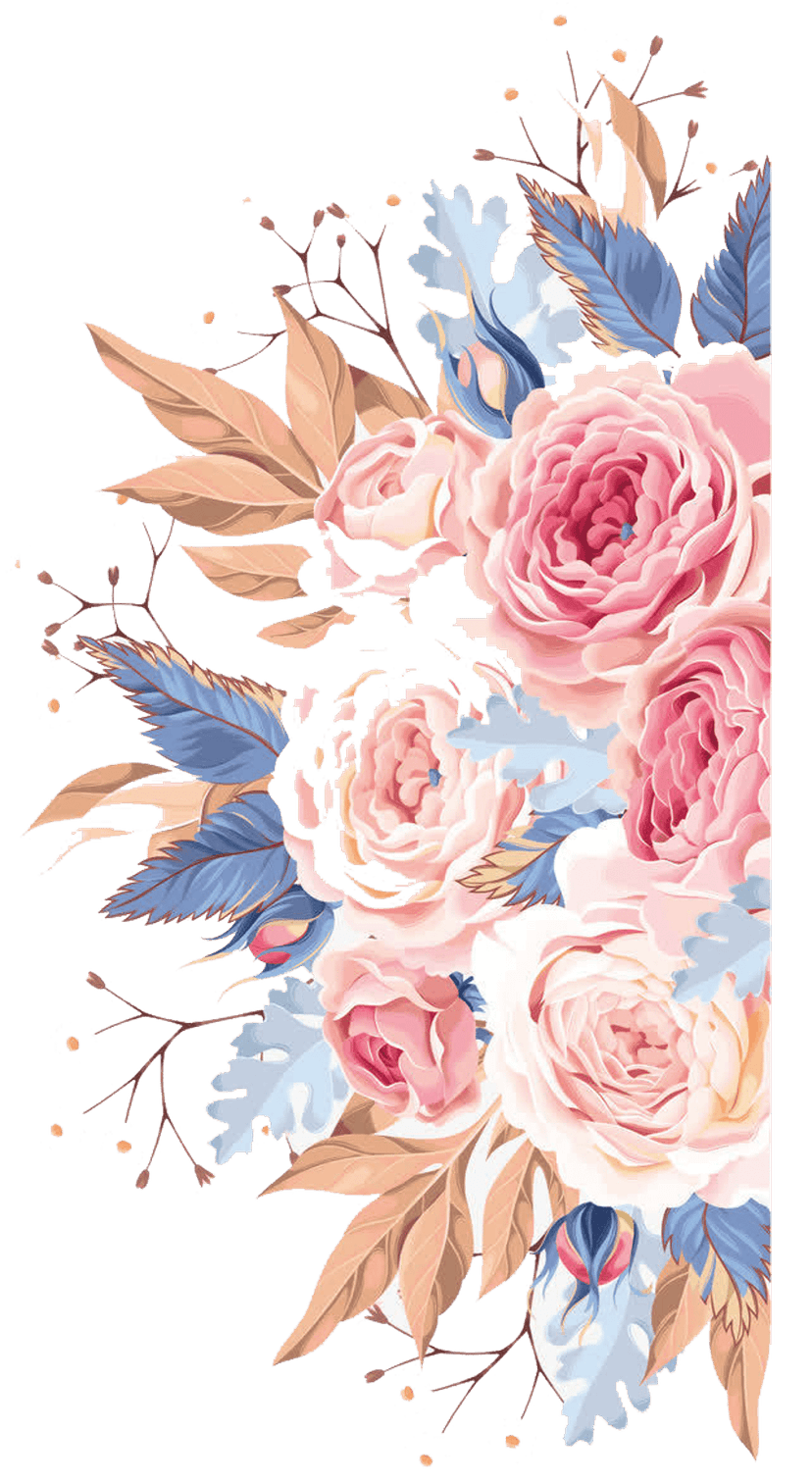 Multicolored watercolor floral illustration featuring layered petals and green botanical leaves on transparency.