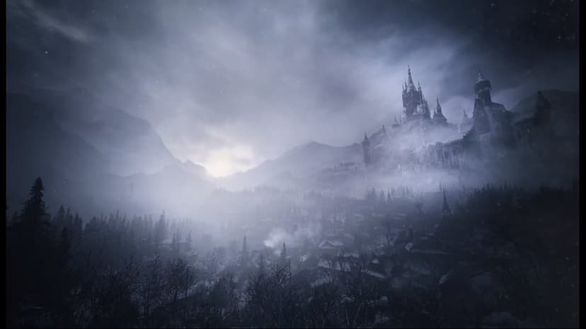 Gothic stone castle rises above a misty snowy village and pine forest under a dark overcast winter sky.