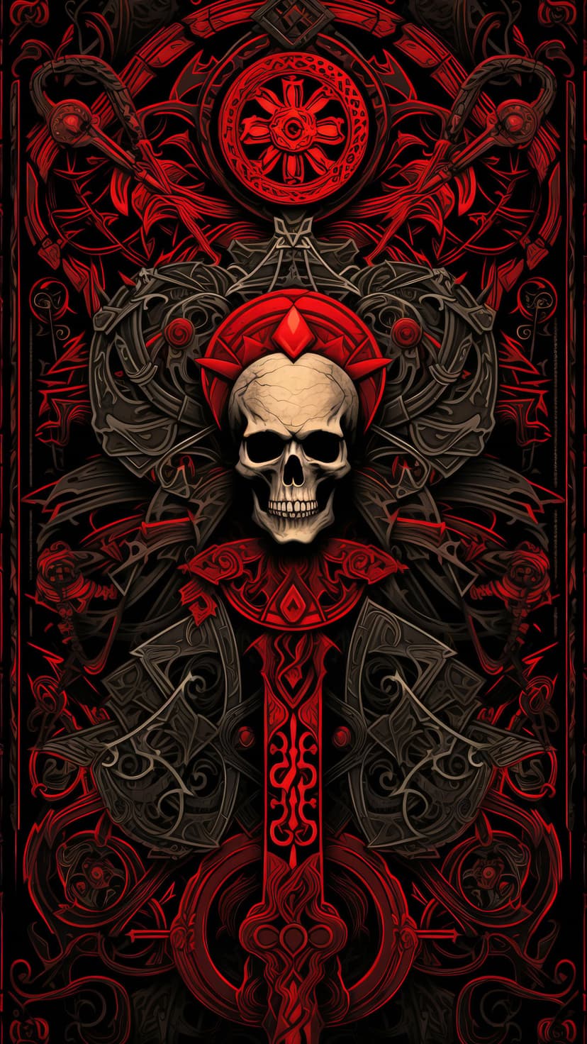 Gothic skull with a central sword surrounded by intricate red and black knotwork and symmetric ornamental designs.