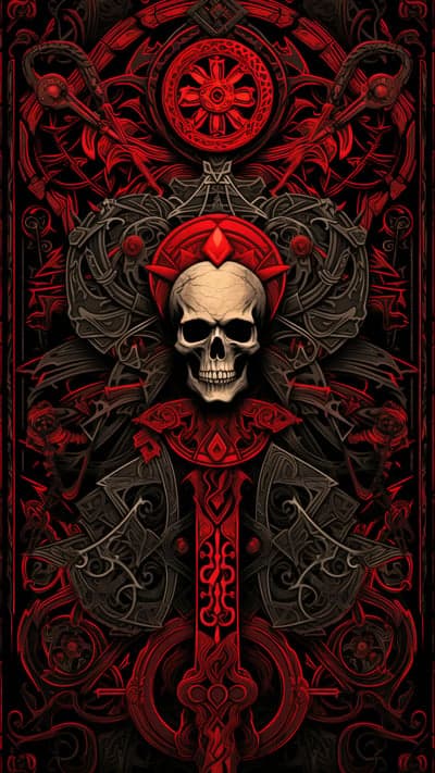 Gothic Skull Art with Red and Black Intricate Designs