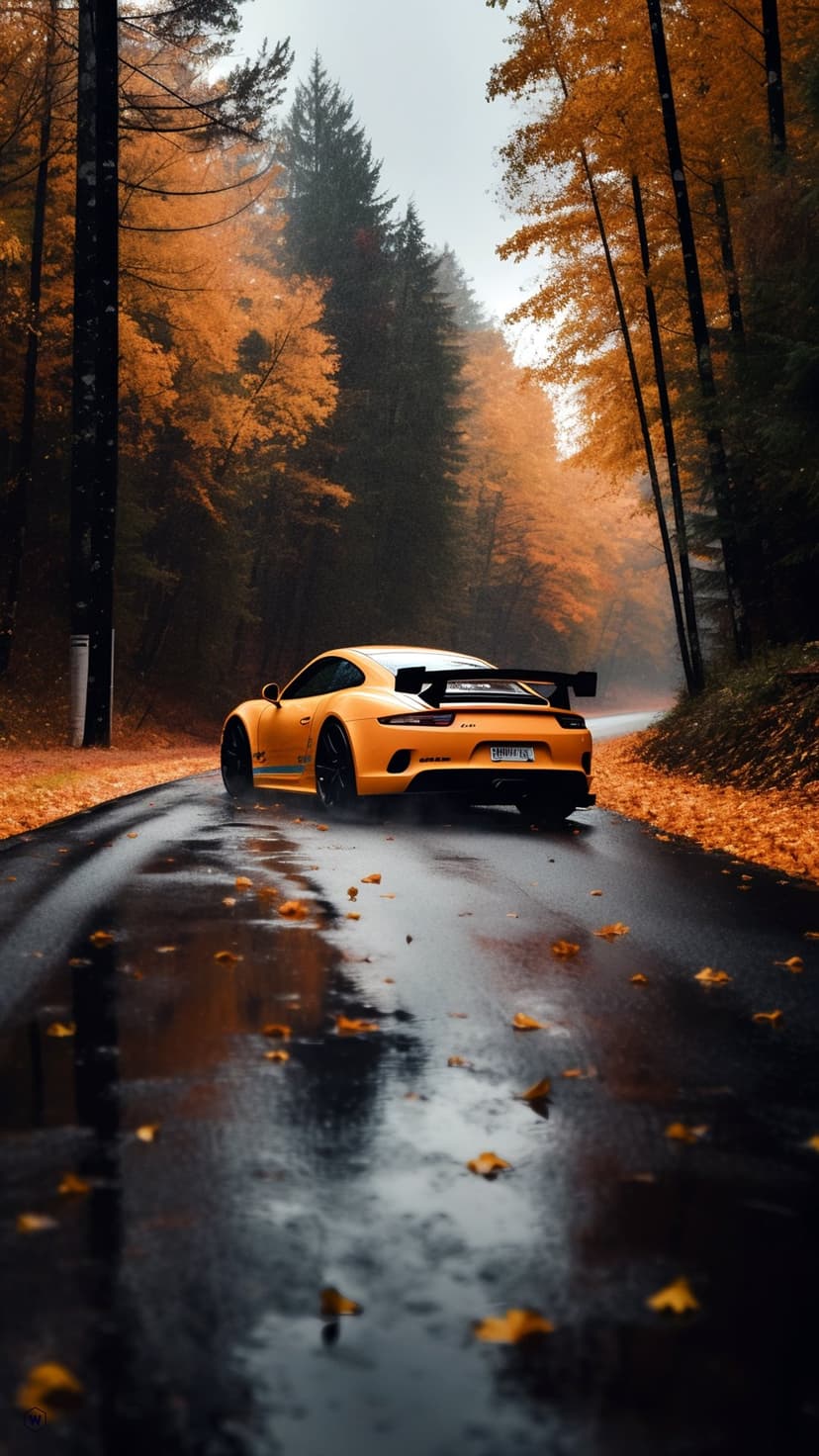 Yellow Porsche sports car drives on a rain-slicked road through a dense forest filled with orange autumn leaves.