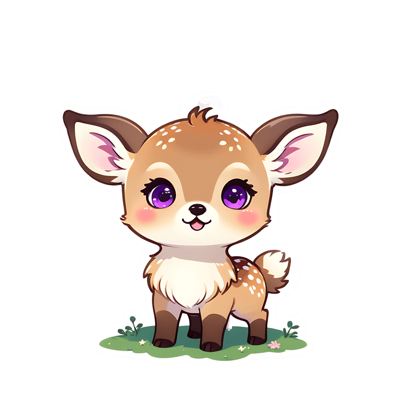 Brown deer fawn sticker illustration stands on green grass featuring small pink and white wildflowers.