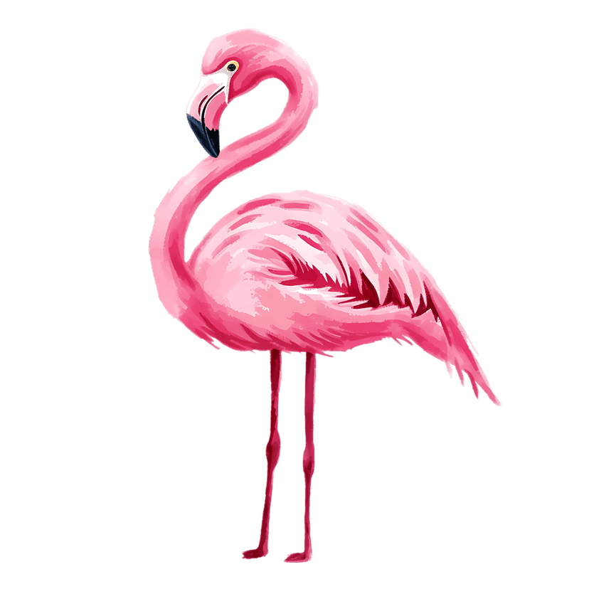 Pink flamingo watercolor painting showing a side profile with layered pink feathers and a black-tipped curved beak.