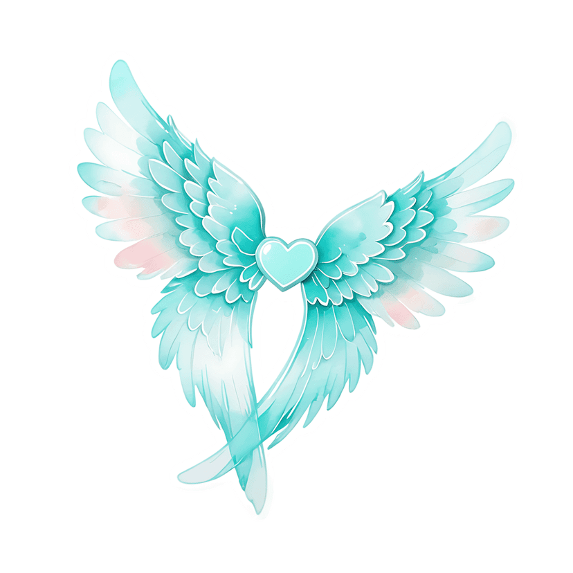 Aqua angel wings heart illustration features translucent feathers, teal gradients, and a white sticker border.